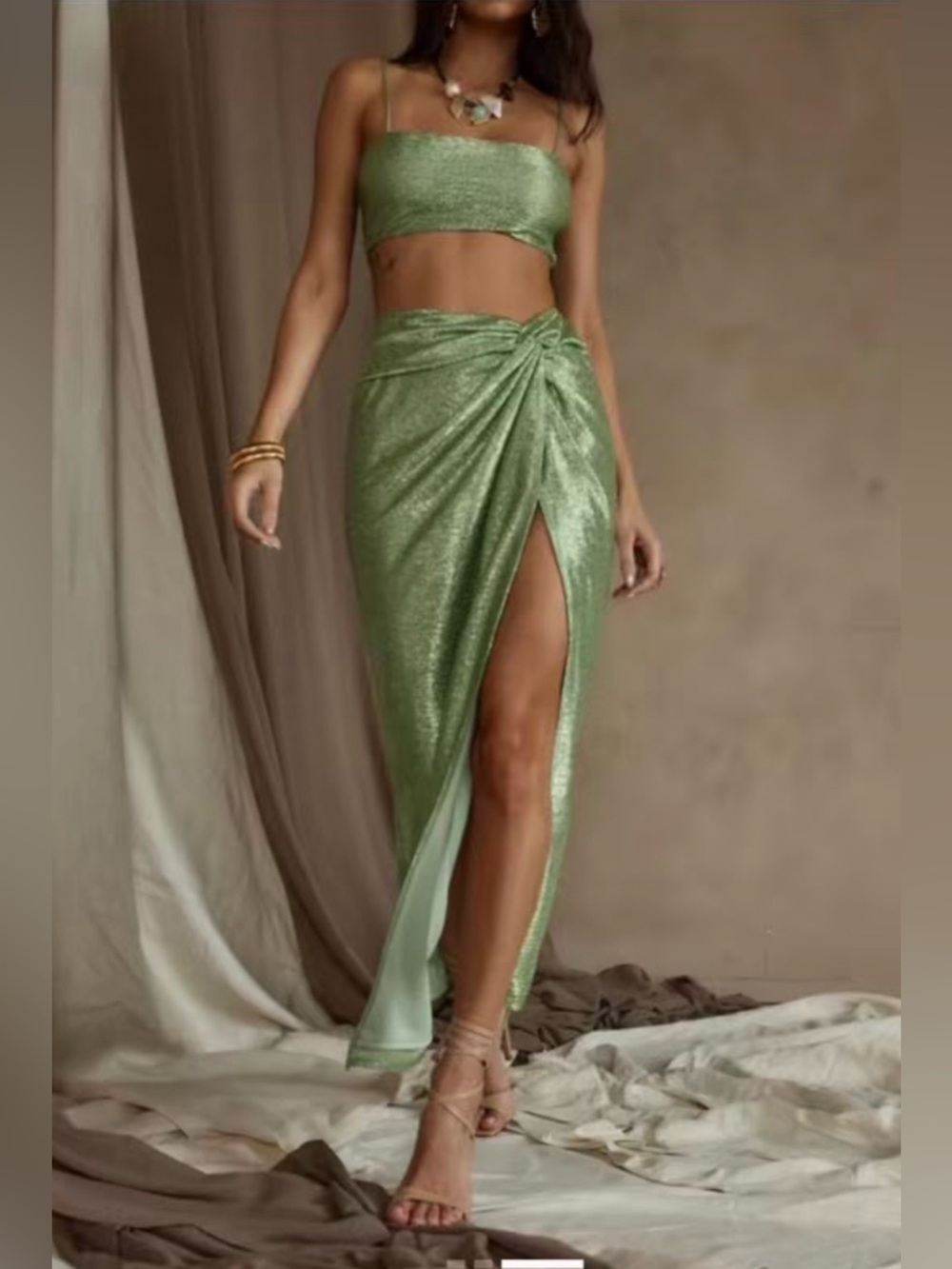 12th Tribe Shimmering Olive Green High-Low Twist Skirt and top
